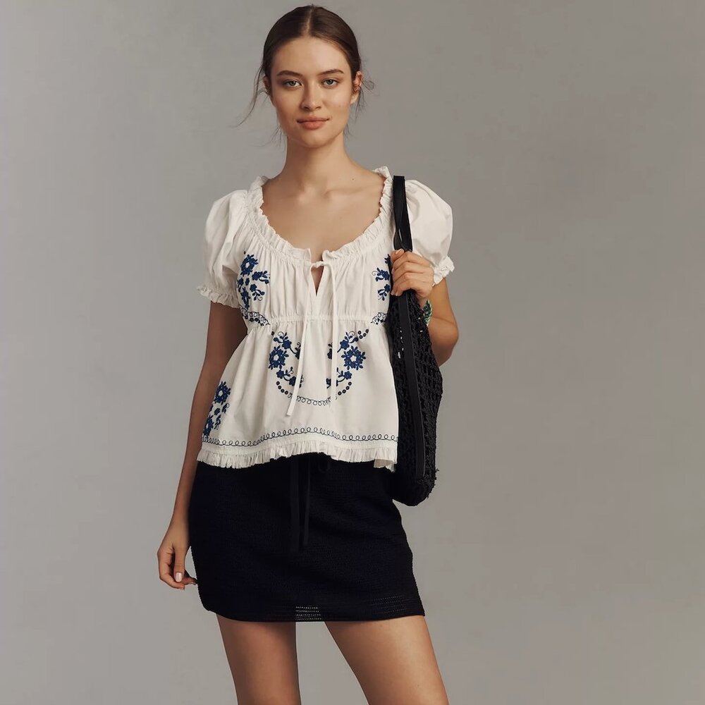 ANTHROPOLOGIE | Puff-Sleeve Embroidered Babydoll Top | NWT